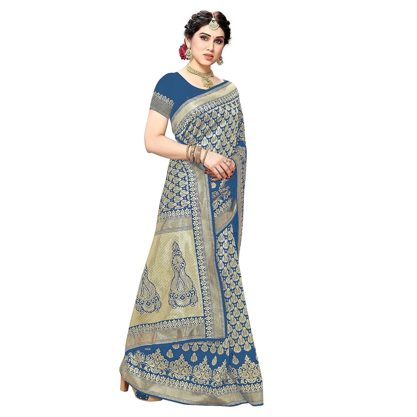 Yashika Women's Trendy Banarasi Kanjivaram Navy Color Art Silk Saree with Blouse Material