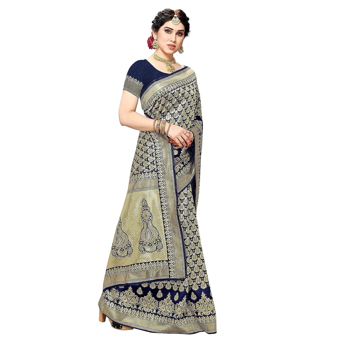 Yashika Women's Trendy Banarasi Kanjivaram Navy Color Art Silk Saree with Blouse Material