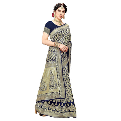 Yashika Women's Trendy Banarasi Kanjivaram Navy Color Art Silk Saree with Blouse Material