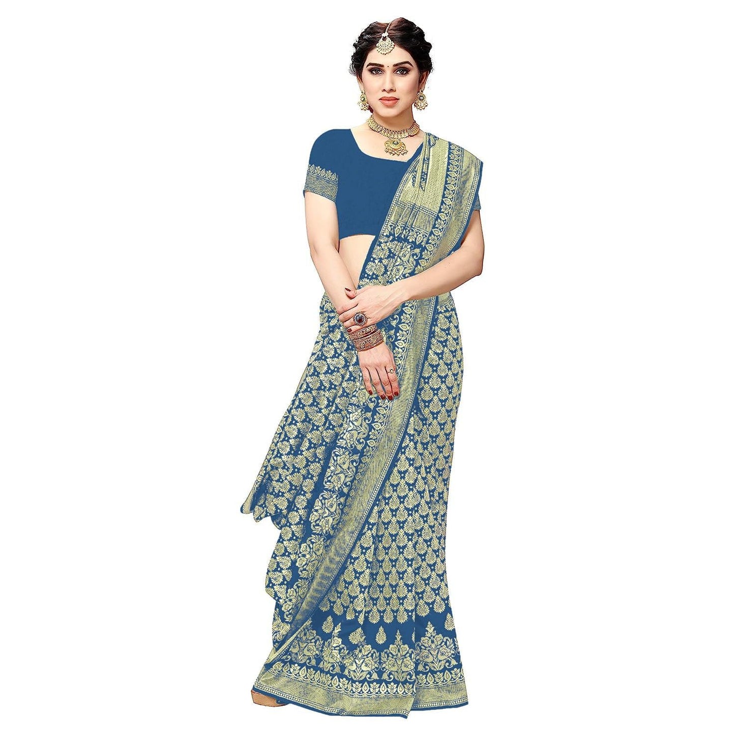 Yashika Women's Trendy Banarasi Kanjivaram Navy Color Art Silk Saree with Blouse Material