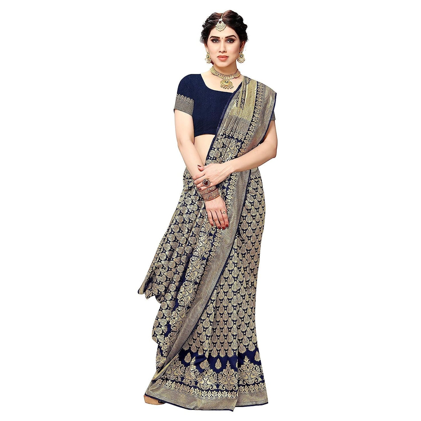Yashika Women's Trendy Banarasi Kanjivaram Navy Color Art Silk Saree with Blouse Material
