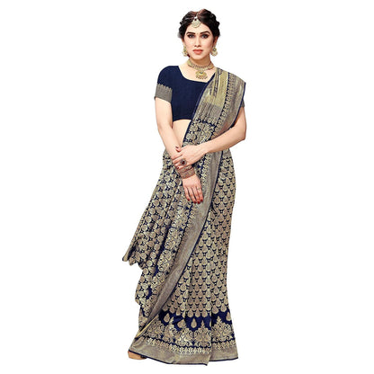 Yashika Women's Trendy Banarasi Kanjivaram Navy Color Art Silk Saree with Blouse Material