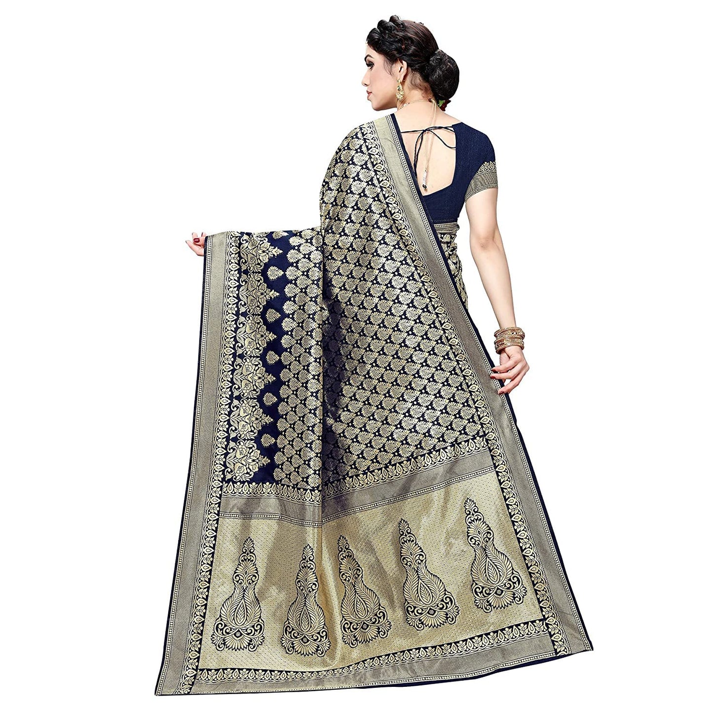 Yashika Women's Trendy Banarasi Kanjivaram Navy Color Art Silk Saree with Blouse Material