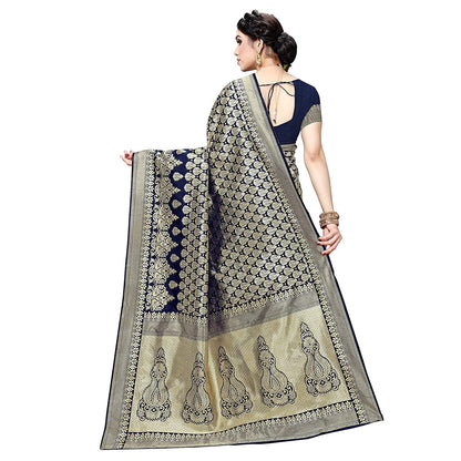 Yashika Women's Trendy Banarasi Kanjivaram Navy Color Art Silk Saree with Blouse Material