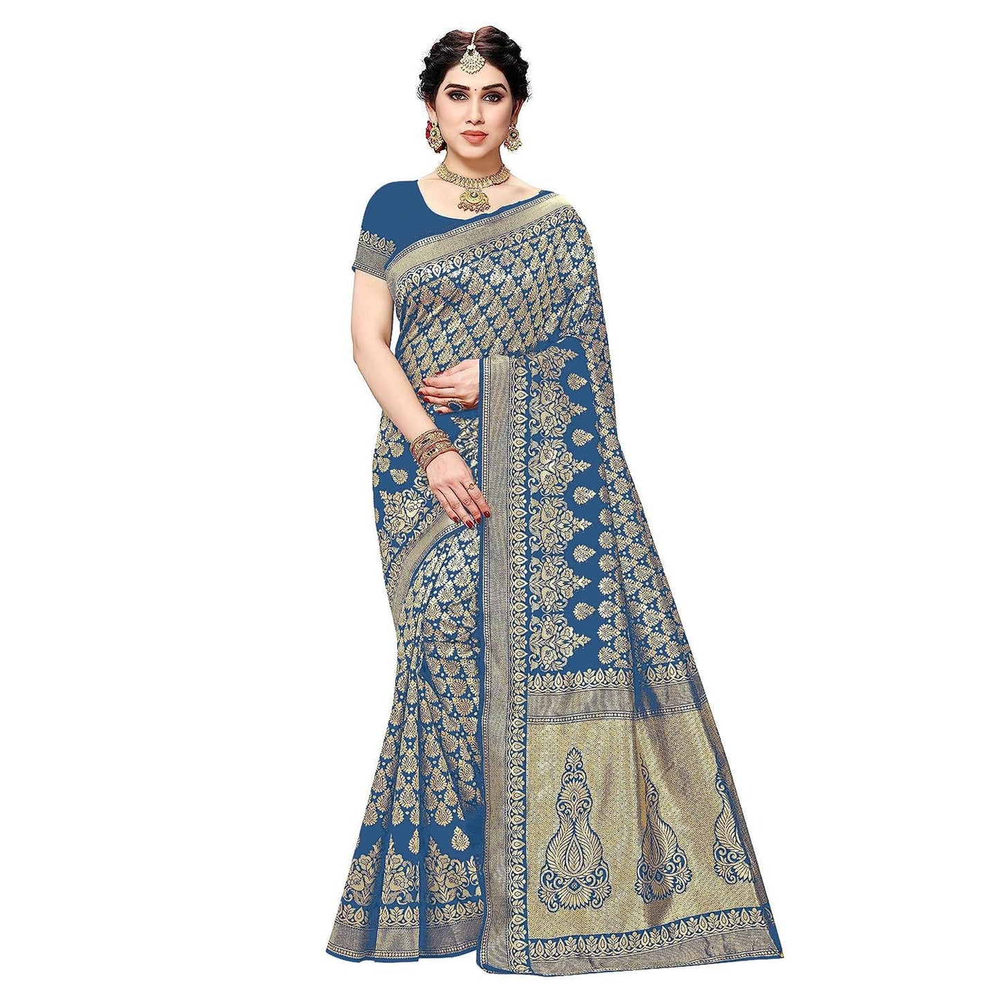 Yashika Women's Trendy Banarasi Kanjivaram Navy Color Art Silk Saree with Blouse Material