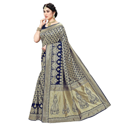Yashika Women's Trendy Banarasi Kanjivaram Navy Color Art Silk Saree with Blouse Material