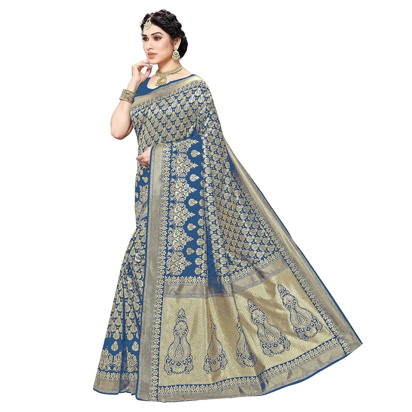 Yashika Women's Trendy Banarasi Kanjivaram Navy Color Art Silk Saree with Blouse Material